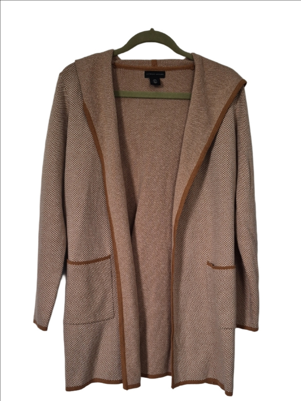 Adrienne Vittadini Beige Brown Hooded Open Cardigan Pockets SM